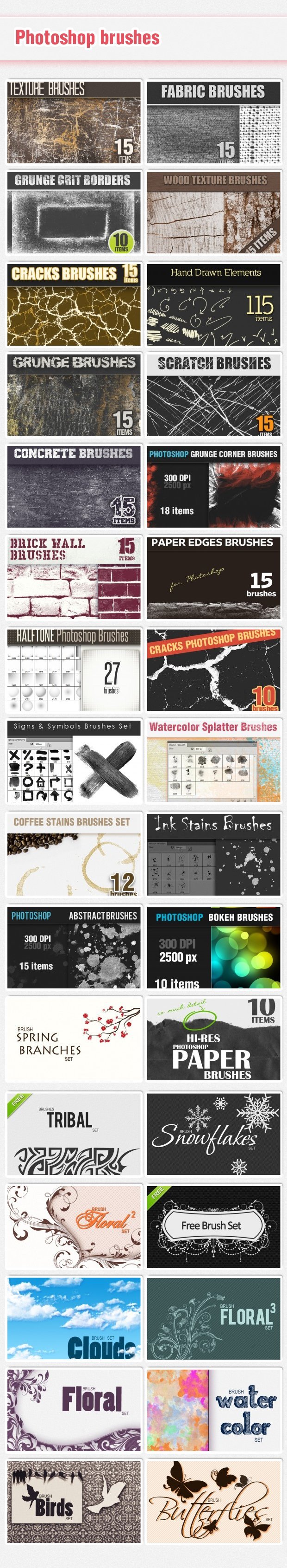 graphic-design-resources-photoshop-brushes A preview of the Photoshop Brushes included in the Graphic Design Asset Library
