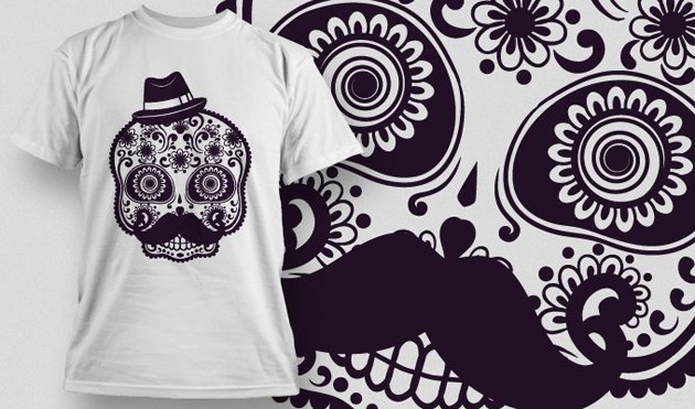 skull with moustache and hat -  t shirt design