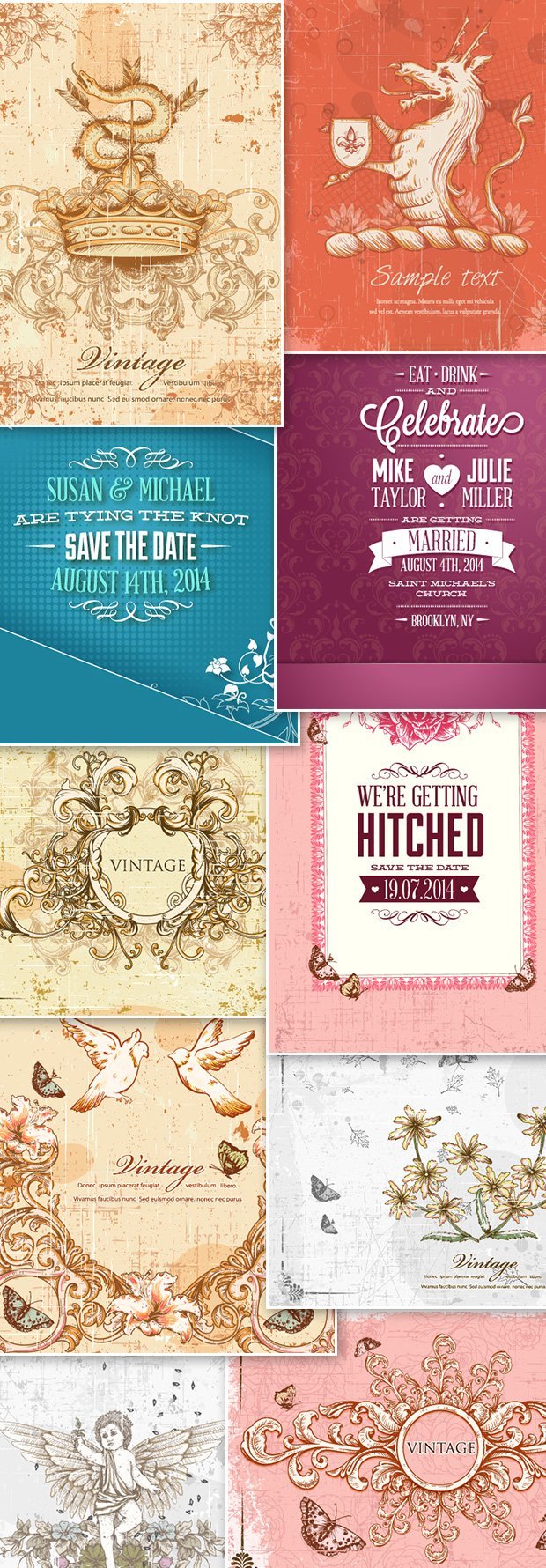 A preview of the free sample: vintage & wedding vector Illustrations included in the bundle