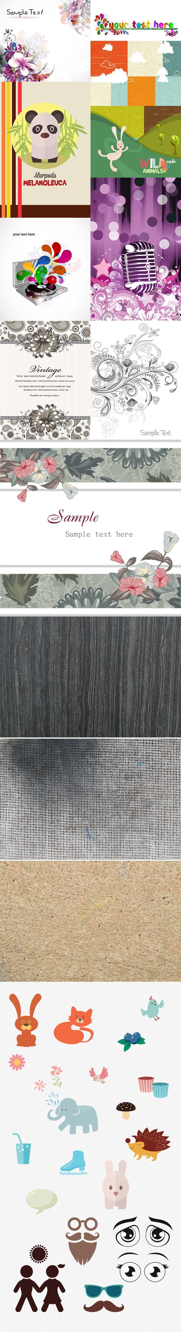 a collage of free vectors, textures and illustrations included in this bundle