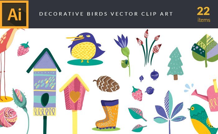 A preview of the decorative-birds-vector-clip-art-set included in the bundle