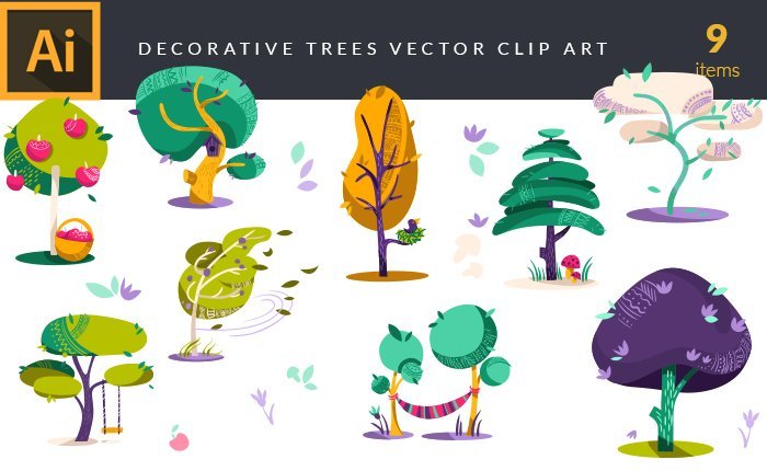 A preview of the decorative-trees-vector-clip-art-set included in the bundle