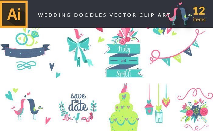 A preview of the wedding-doodles-vector-clip-art-set included in the bundle