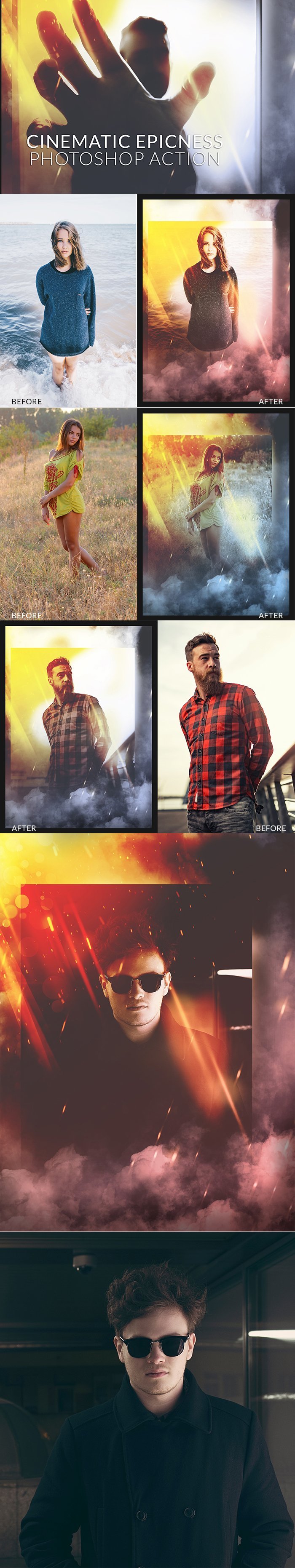 Cinematic Epicness Photoshop Actions before and after previews collage