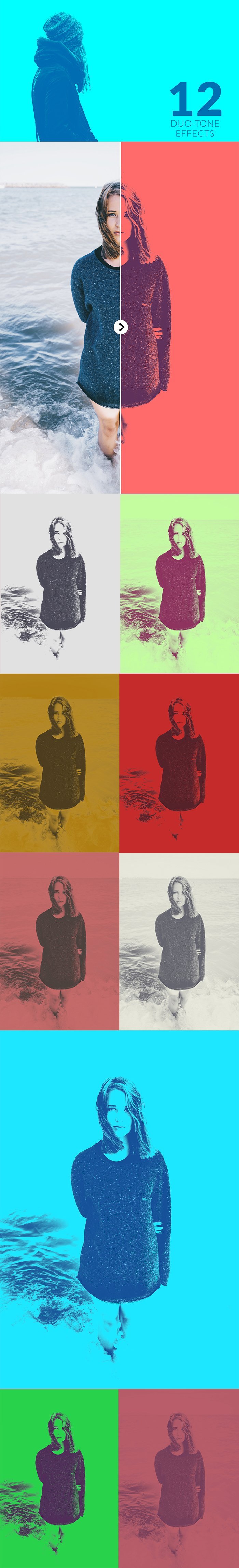 Duo-Tone Effects Photoshop Actions before and after previews collage