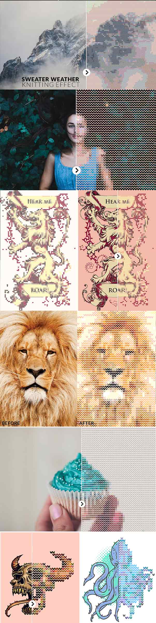 Sweater Weather - Knitting Effect Photoshop Actions before and after previews collage