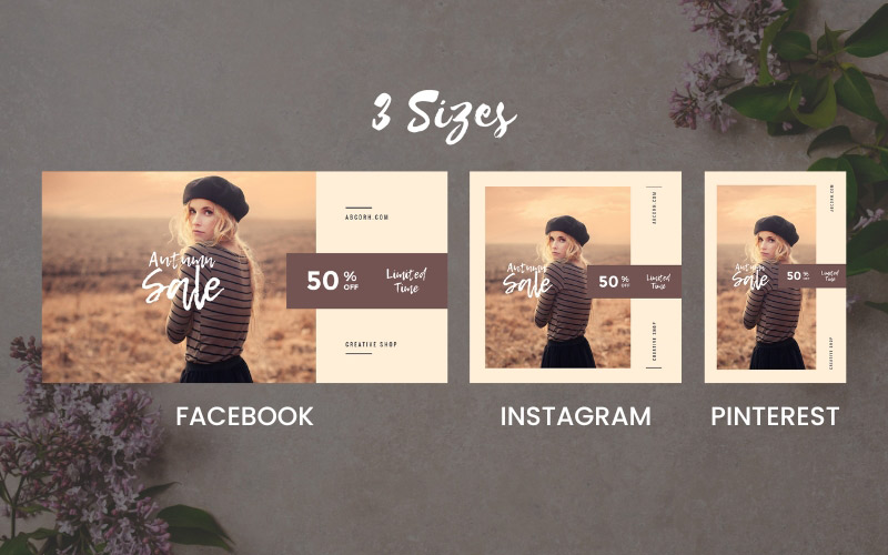 social media banner preview images of 3 sizes for facebook instagram and pinterest