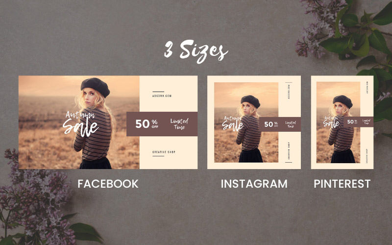 social media banner designs preview images of 3 sizes for facebook instagram and pinterest