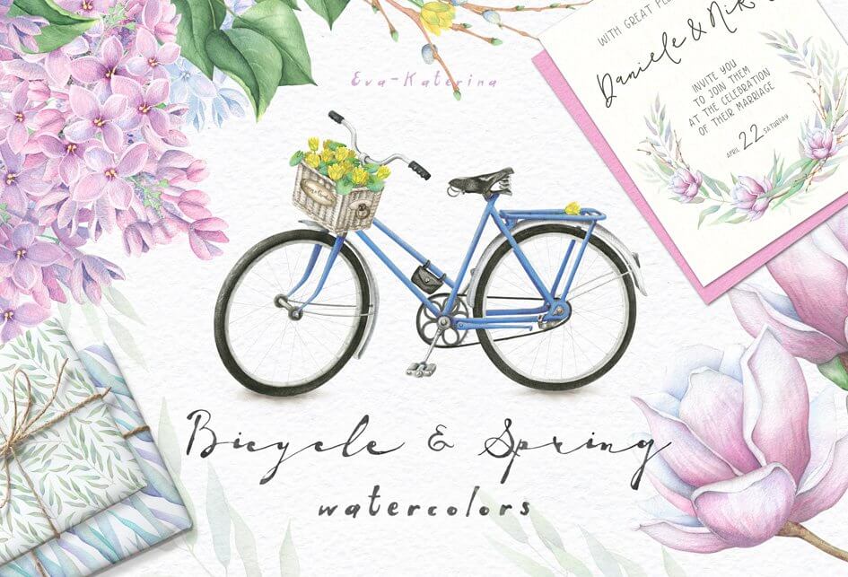 bicycl and spring watercolor graphics