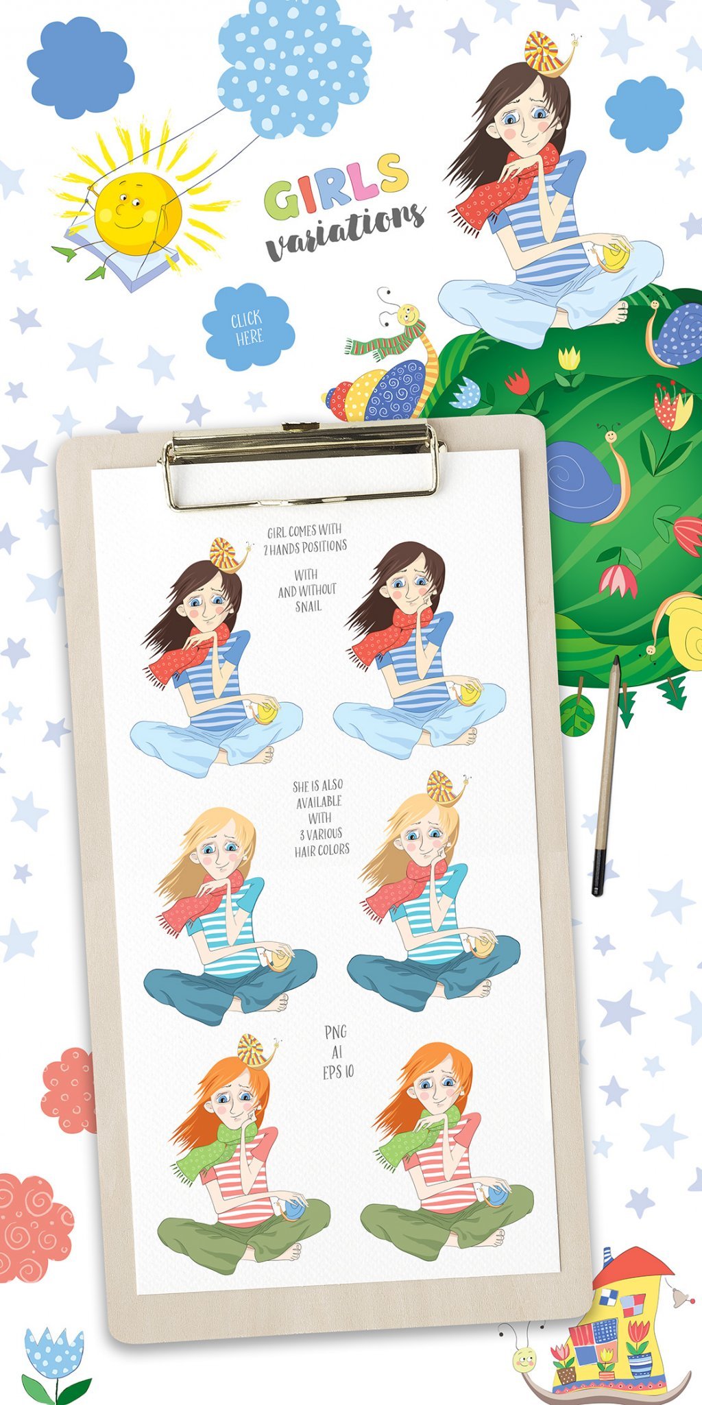 watercolor hand drawn girl variations