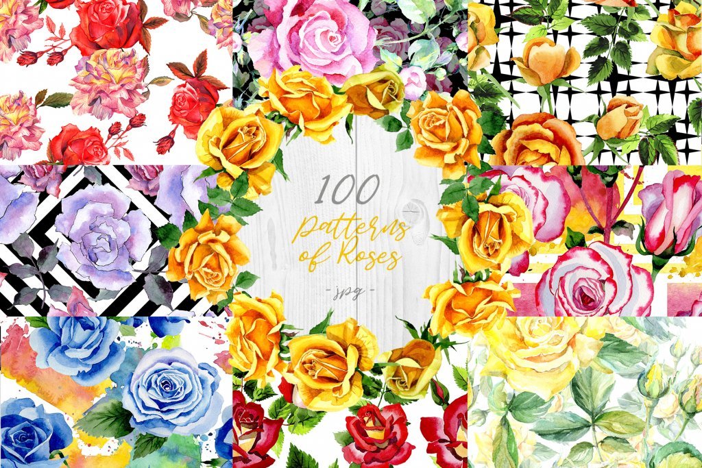 A preview of the Roses Watercolor paper designs included in the bundle 