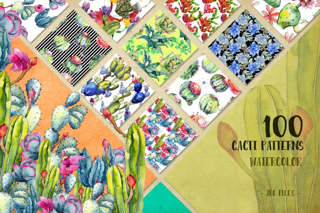 A preview of the Cacti Watercolor paper designs included in the bundle