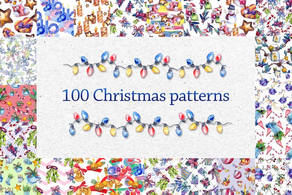 A preview of the Christmas Watercolor paper designs included in the bundle 