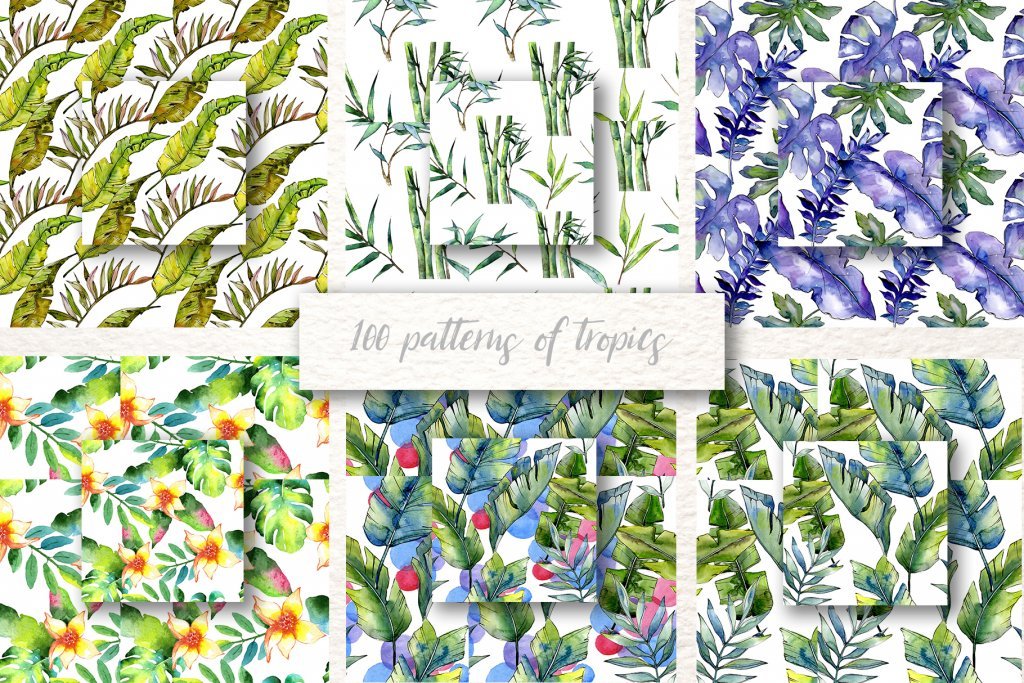 A preview of the Tropics Watercolor paper designs included in the bundle 