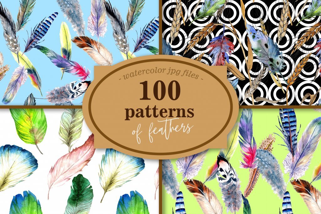 A preview of the Feathers Watercolor paper designs included in the bundle 