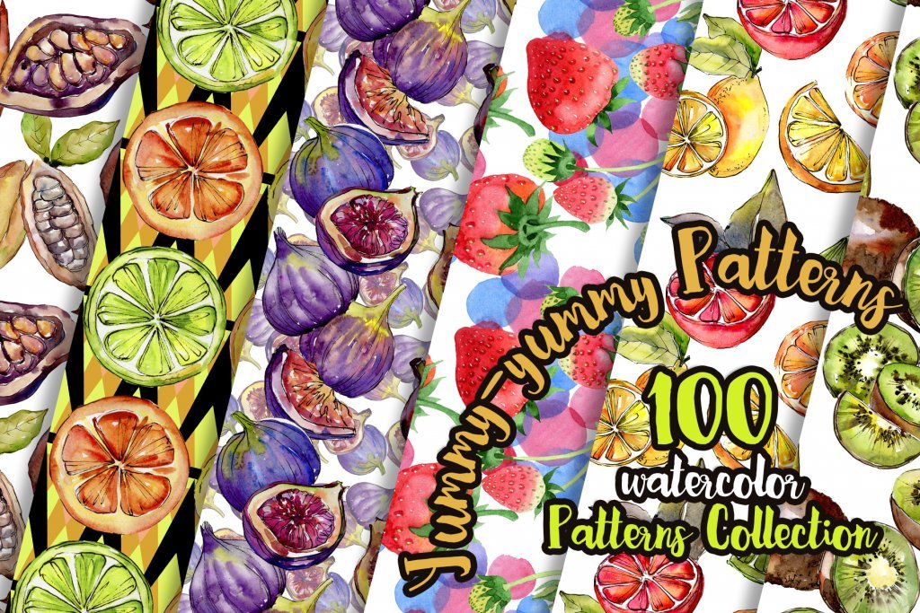 A preview of the Fruits Watercolor paper designs included in the bundle 