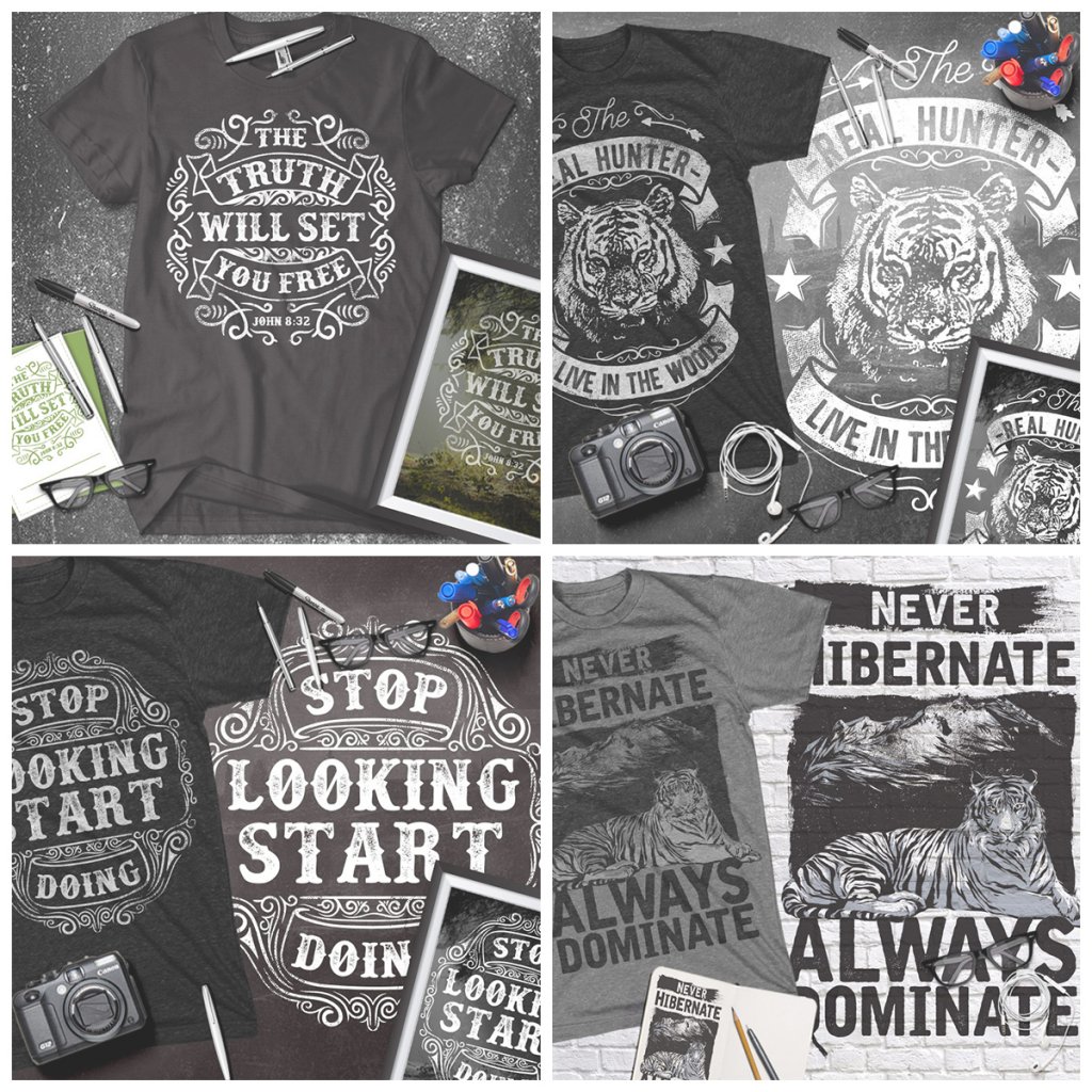 Collage of images of Motivational t shirt designs included in the T-shirt Bundle