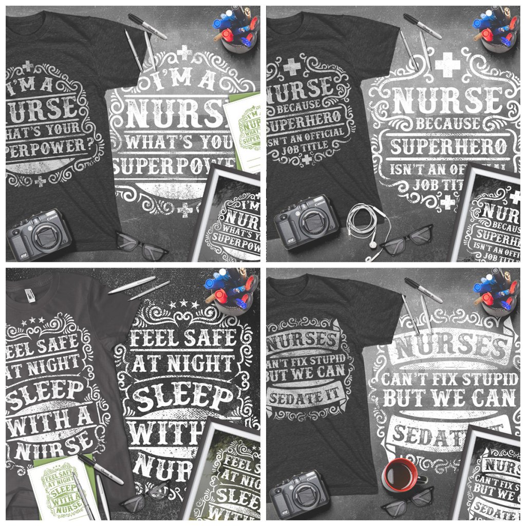 A collage of images of Nurses t shirt designs included in the T-shirt Bundle