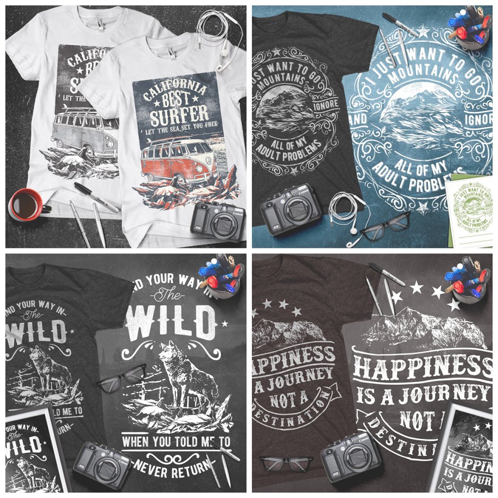 A collage of Adventures t shirt designs included in the T-shirt Bundle