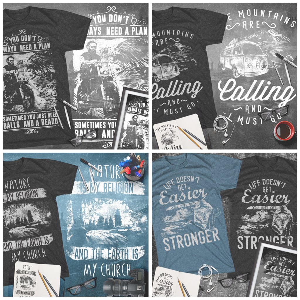 Collage of Adventures t shirt designs included in the T-shirt Bundle