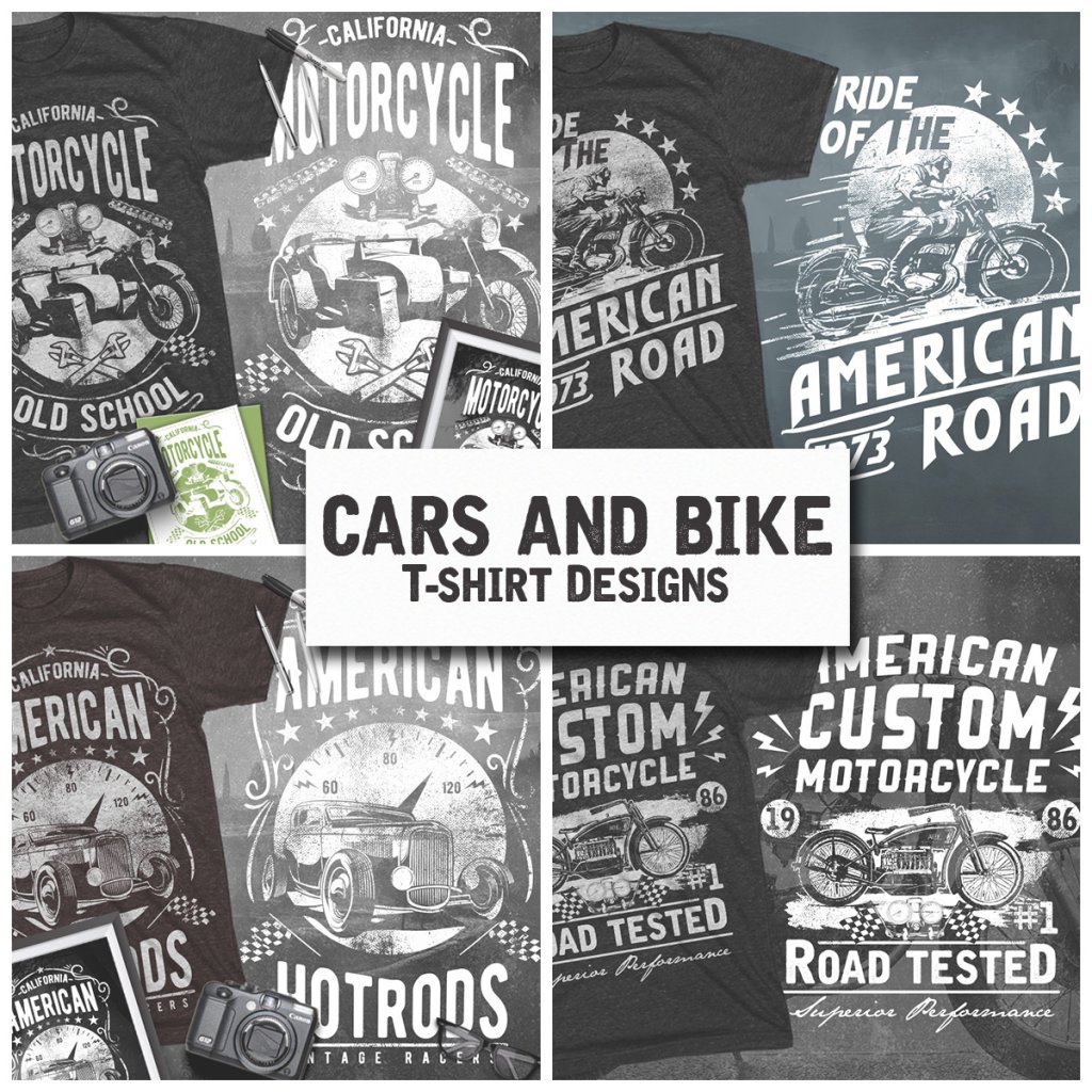 A preview of the Cars and bike t shirt designs included in the T-shirt Bundle