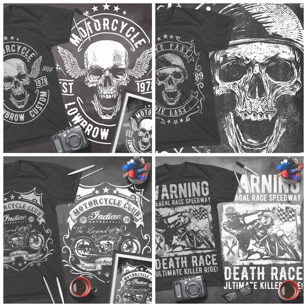 Collage of Cars and bike t shirt designs included in the T-shirt Bundle