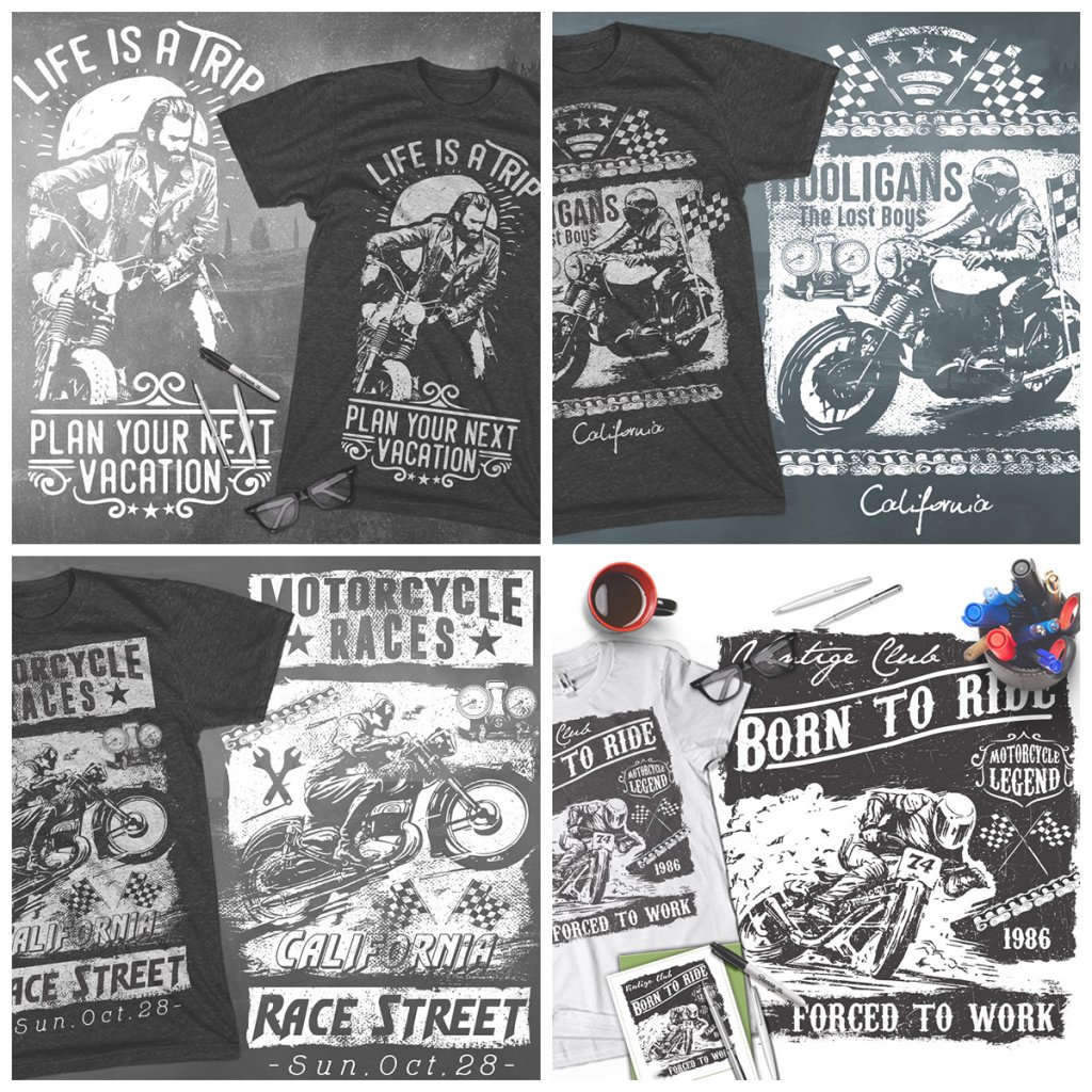 Collage of images of Cars and bike t shirt designs included in the T-shirt Bundle