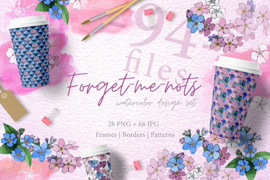 forget-me-not watercolor frames, borders and patterns preview
