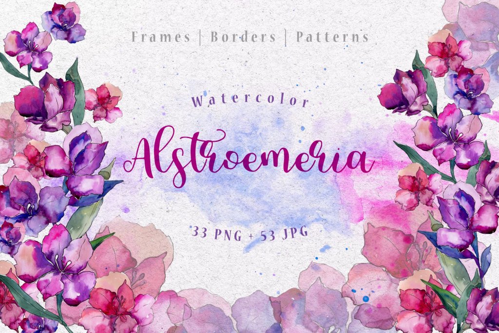 astroemeria watercolor floral elements  frames, borders and patterns preview
