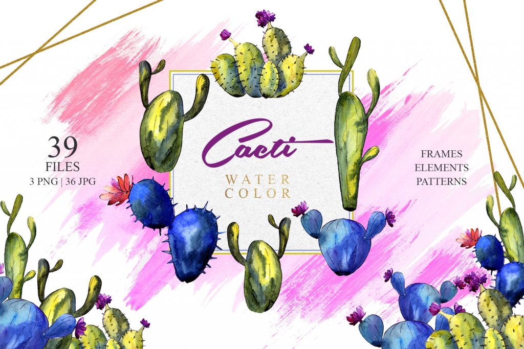 cacti watercolor frames, elements, patterns previews