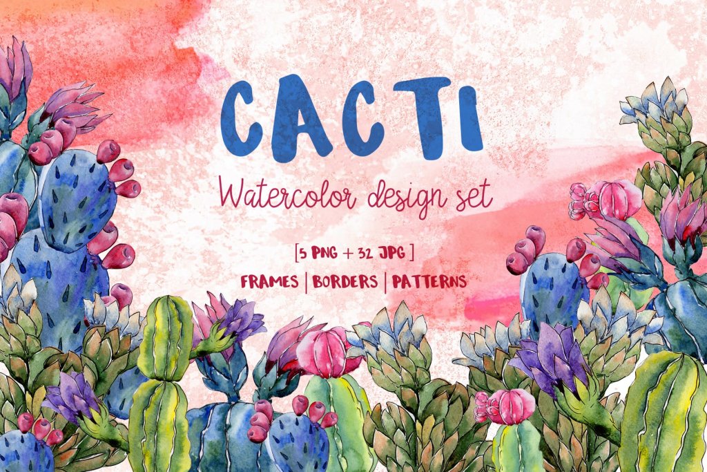 cacti watercolor floral elements design set preview