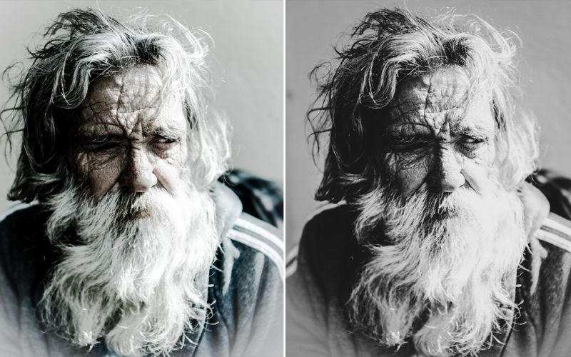A preview image of the B&W Portrait Professional Lightroom Preset applied to an old bearded man's image