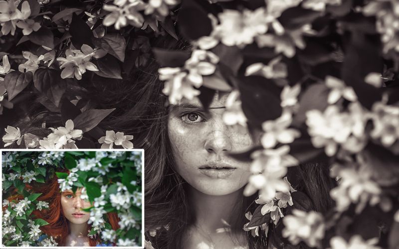 A preview image of the B&W Portrait Professional Lightroom Preset applied to aa girl' image having floral props