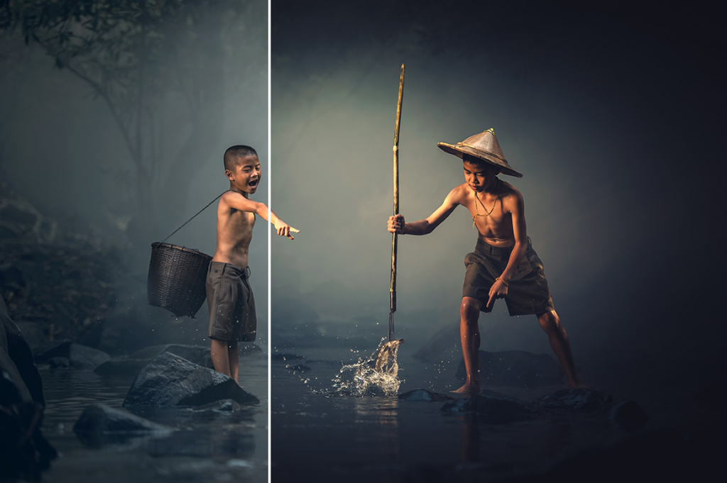 A Cinematic Professional Lightroom Preset applied to an image of two little boy's fishing
