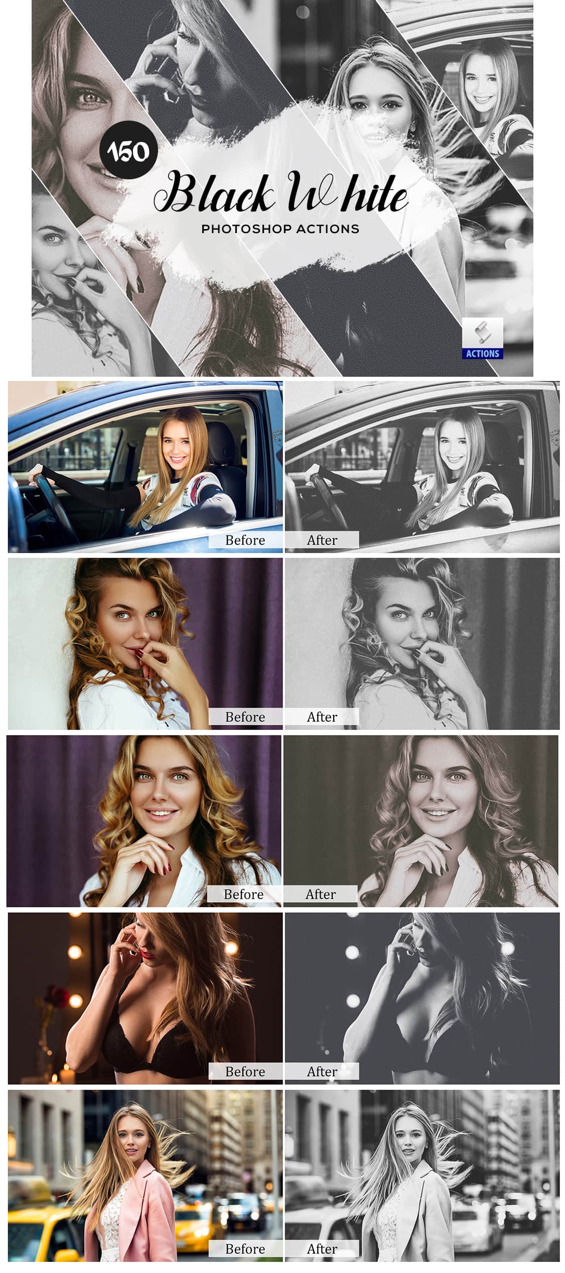 Collage of black and white photoshop actions pack 
