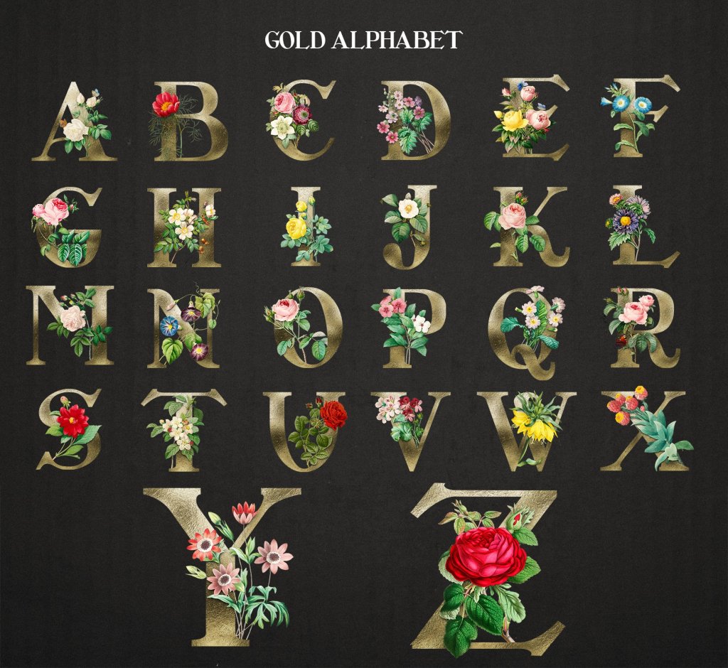 Floral gold alphabets