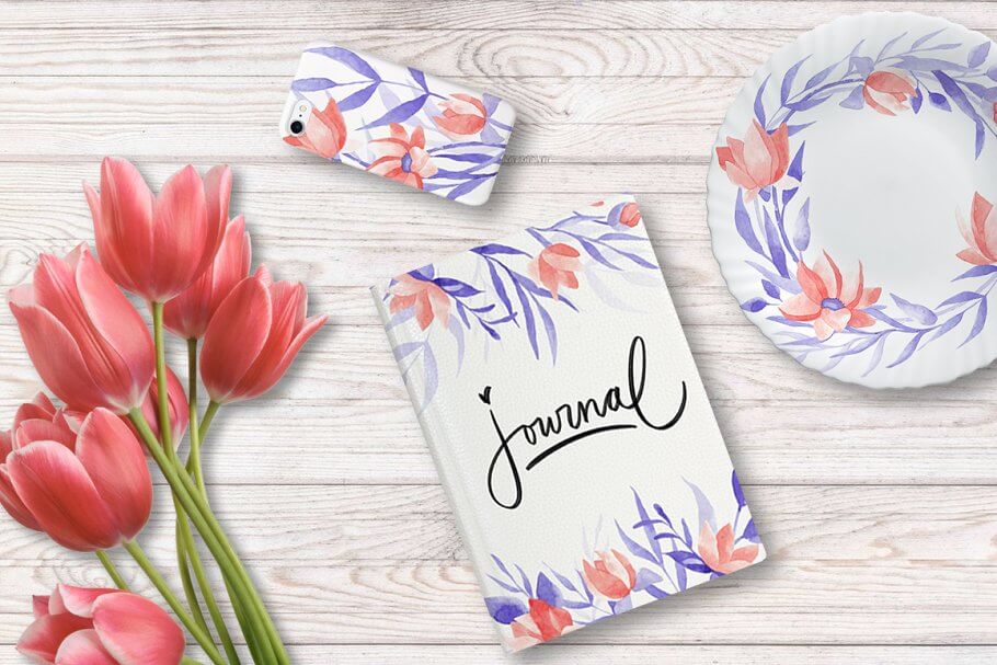 peach tulips watercolor objects, wreaths and patterns mockup peach tulips watercolor objects, wreaths and patterns mockup - floral watercolor graphics