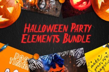 A collage of various halloween elements with text that reads "THE HALLOWEEN PARTY ELEMENTS BUNDLE" with a dark background