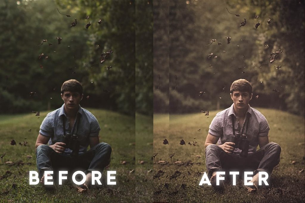 before and after of a photo preset applied to a man's image