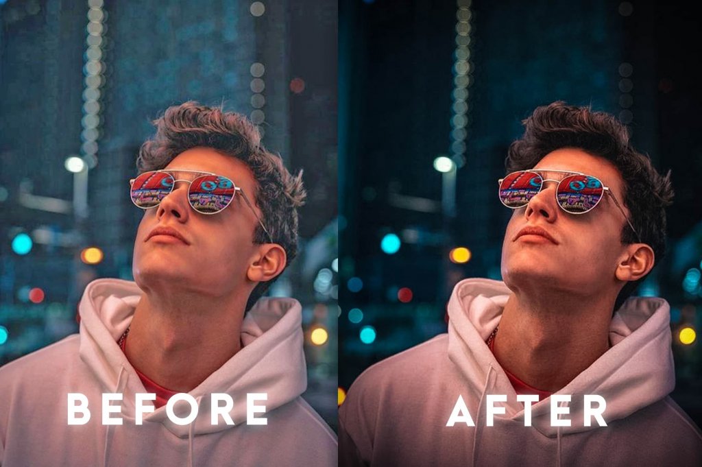 before and after view of a photo preset applied to a man's image