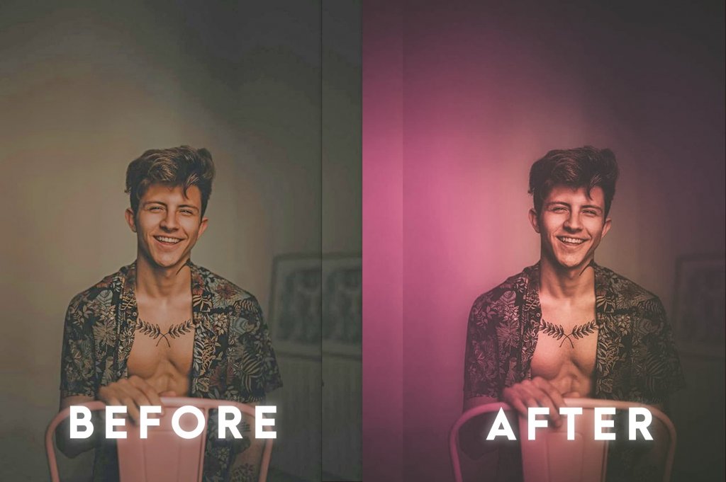 before and after preview of a photo preset applied to a man's image