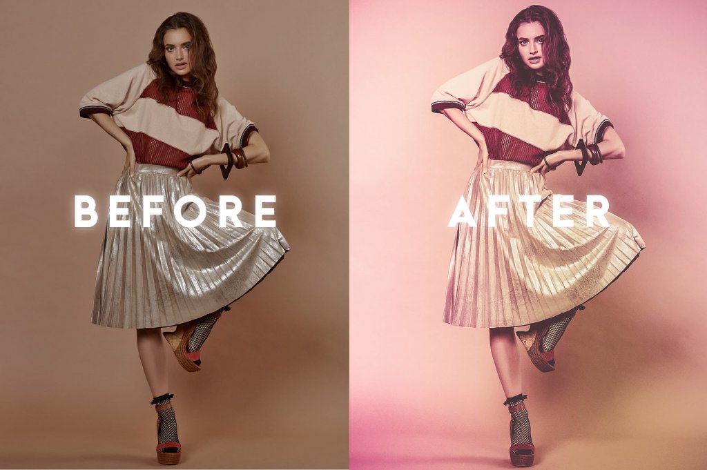 before an after applying the effect to an image of a woman