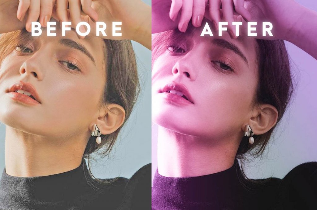 before and after preview of a photo preset applied to a woman's image