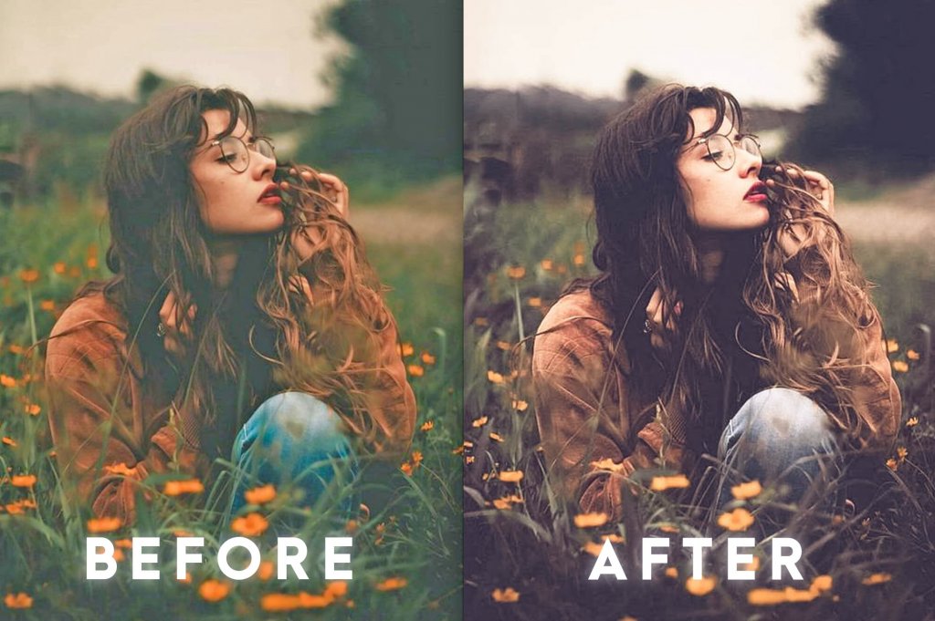 Before and after view of a Lightroom Preset applied to an image of a woman