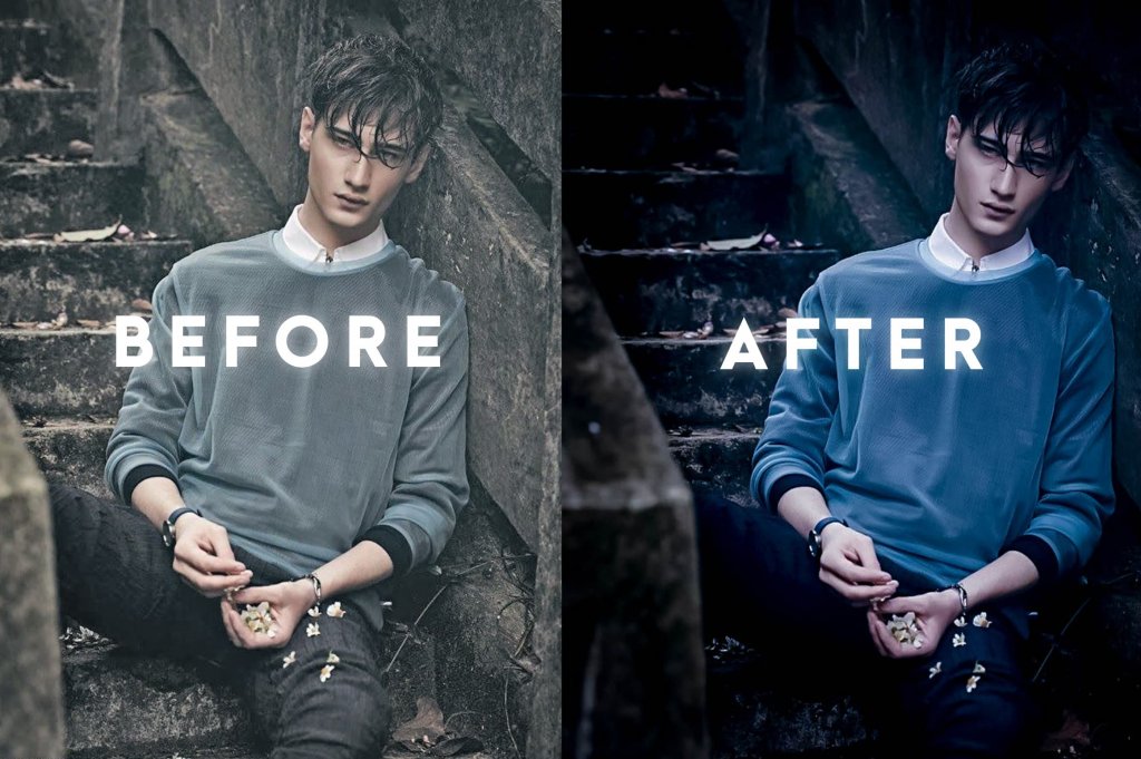 before an after applying the presets to an image of a man