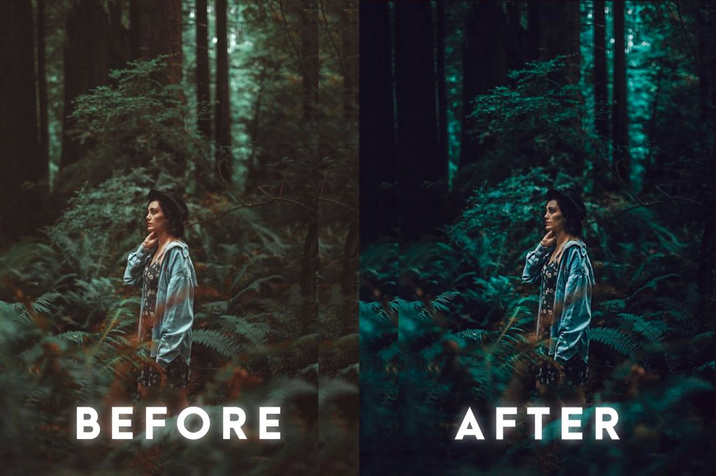 The Photo Preset applied to an image of a woman in a forest