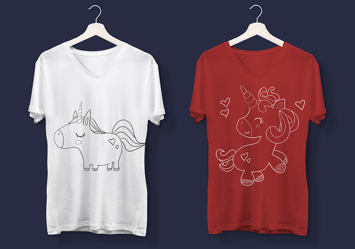 2 tshirts on hangers showcasing the outlined unicorn design