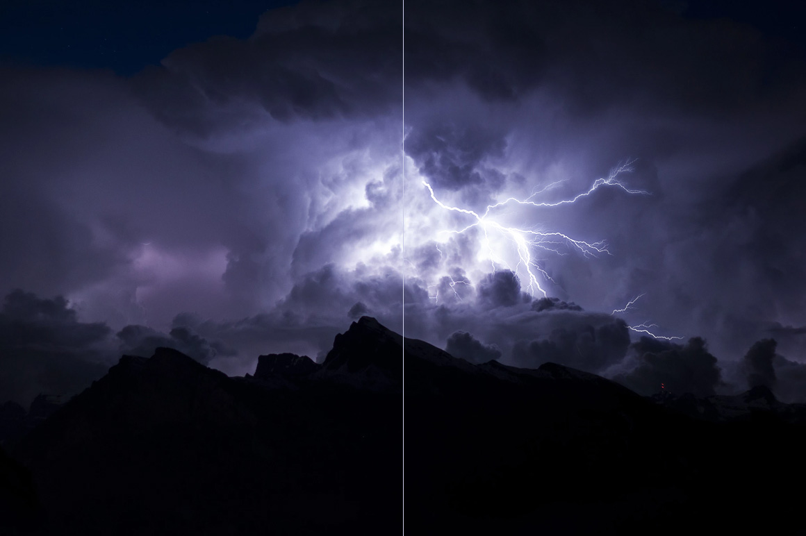 Before and after preview of the Lightning Photoshop Brush