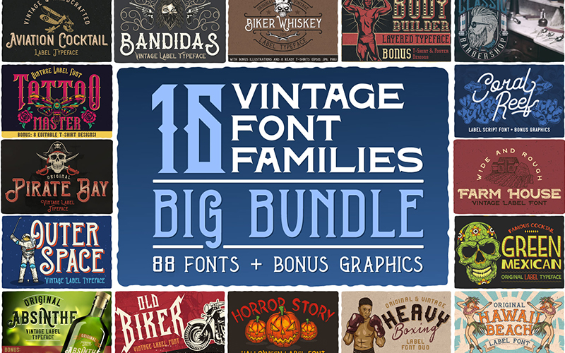 Vintage Fonts Bundle: 88 Fonts + Over 100 Bonus Graphic Elements