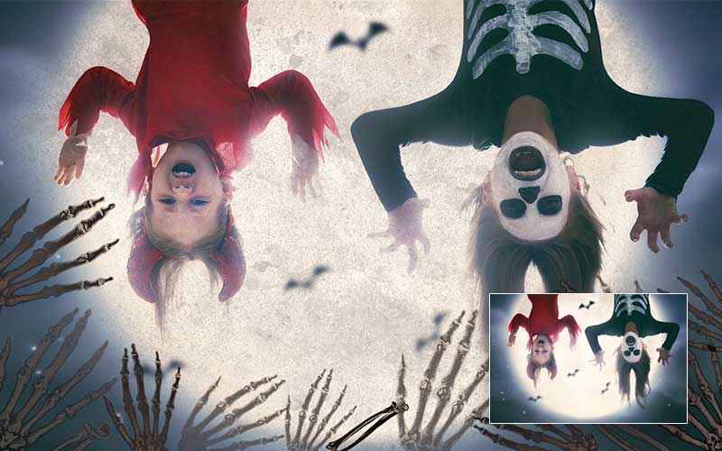 children hanging upside down with a scary halloween getup
